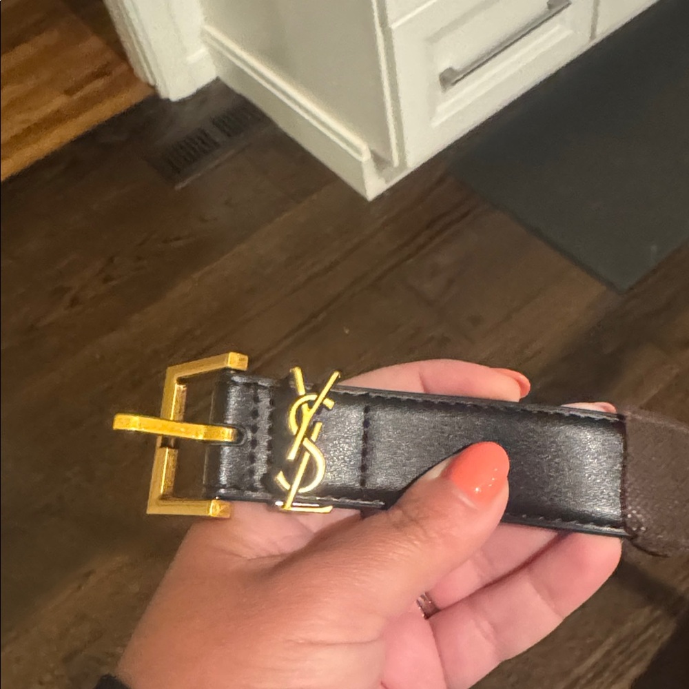 Saint Laurent Black Leather Belt with Gold Buckle